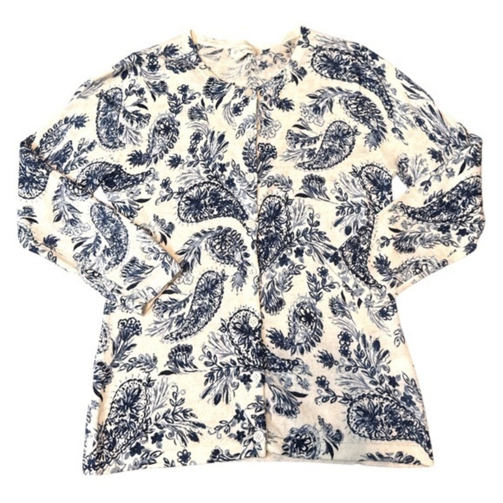 Women’s Garnet Hill Merino Wool Printed Cardigan, white & blue size xs